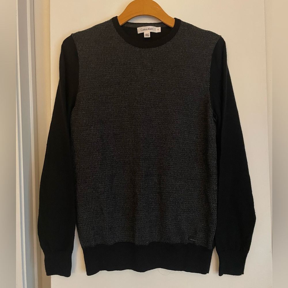 Calvin Klein Merino Wool Long Sleeve Crew Neck Sweater Dk. Grey/Black NWOT